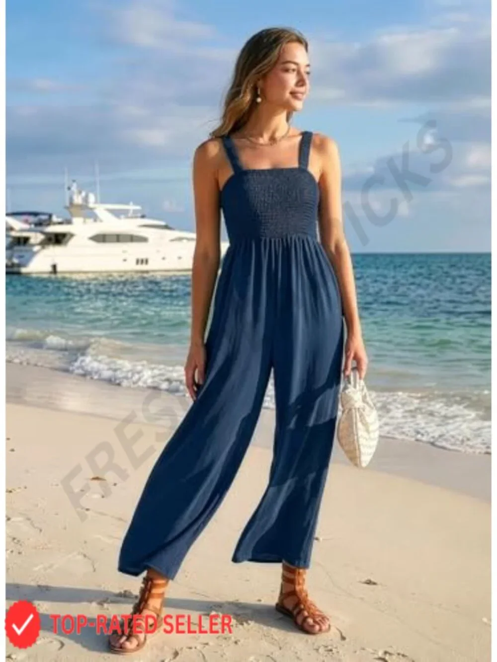 One Piece Sleeveless Wide Leg Jumpsuit Loose Fit Stretchy Polyester Casual